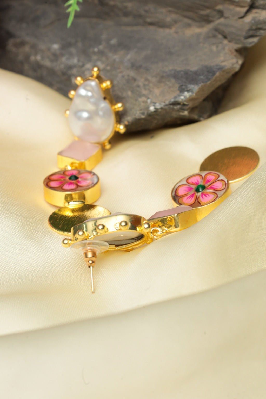 Gold - Plated Pink Baroque Drop Earrings - Zehnaz.ae