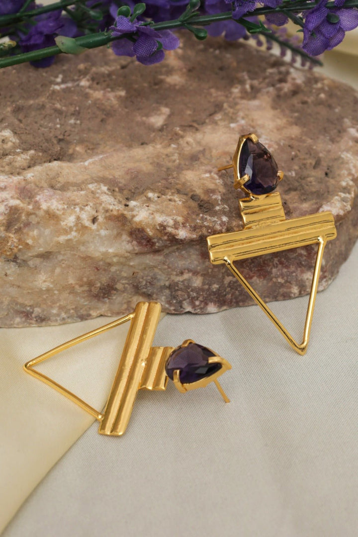 Gold - Plated Purple Geometric Drop Earrings - Zehnaz.ae