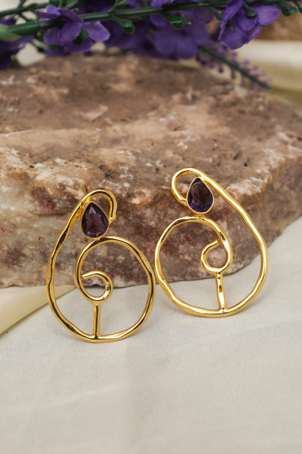 Gold - Plated Purple Spiral Statement Earrings - Zehnaz.ae