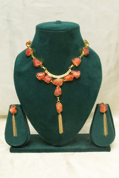 Gold-Plated Raw Orange Stone Necklace & Earring Set – Boho Style