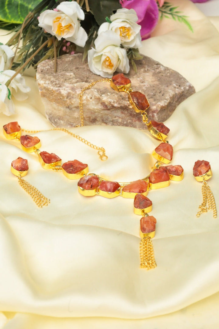 Gold - Plated Raw Orange Stone Necklace & Earring Set – Boho Style - Zehnaz.ae