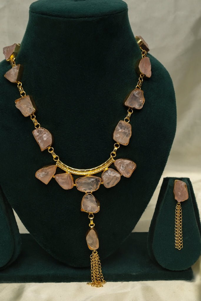 Gold - Plated Raw Rose Quartz Necklace & Earring Set – Pink Stone Jewelry - Zehnaz.ae