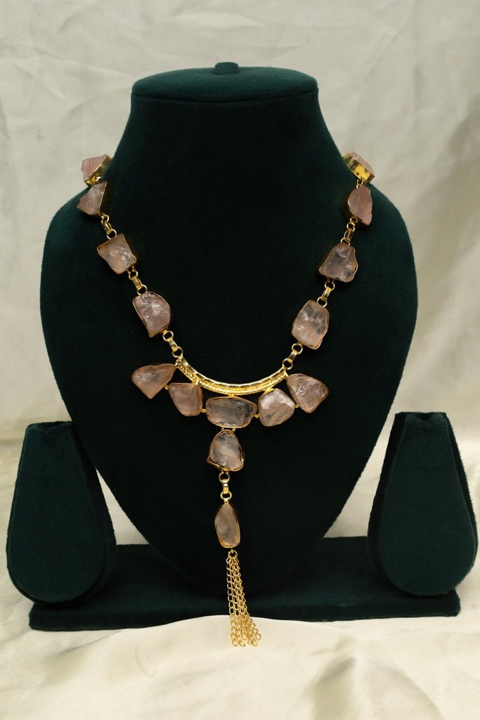 Gold - Plated Raw Rose Quartz Necklace & Earring Set – Pink Stone Jewelry - Zehnaz.ae