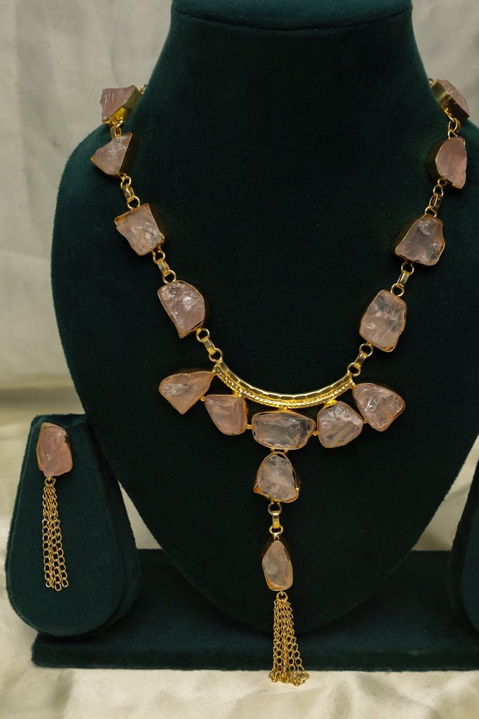 Gold - Plated Raw Rose Quartz Necklace & Earring Set – Pink Stone Jewelry - Zehnaz.ae
