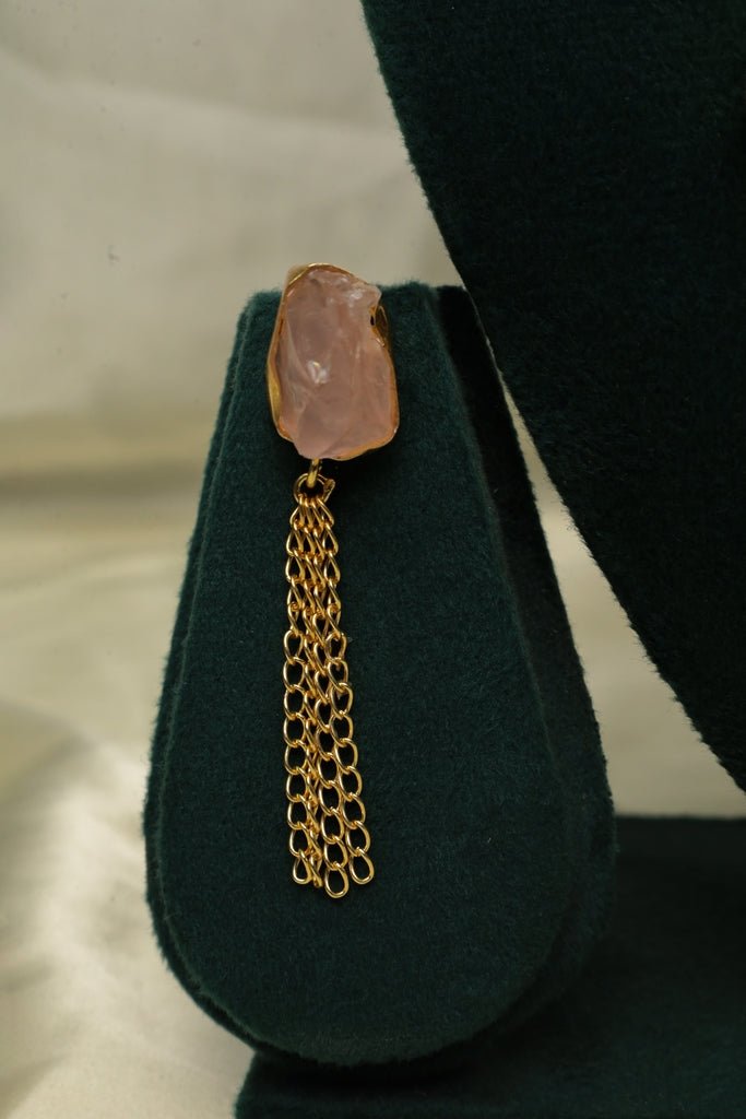 Gold - Plated Raw Rose Quartz Necklace & Earring Set – Pink Stone Jewelry - Zehnaz.ae