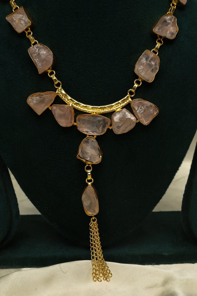 Gold - Plated Raw Rose Quartz Necklace & Earring Set – Pink Stone Jewelry - Zehnaz.ae
