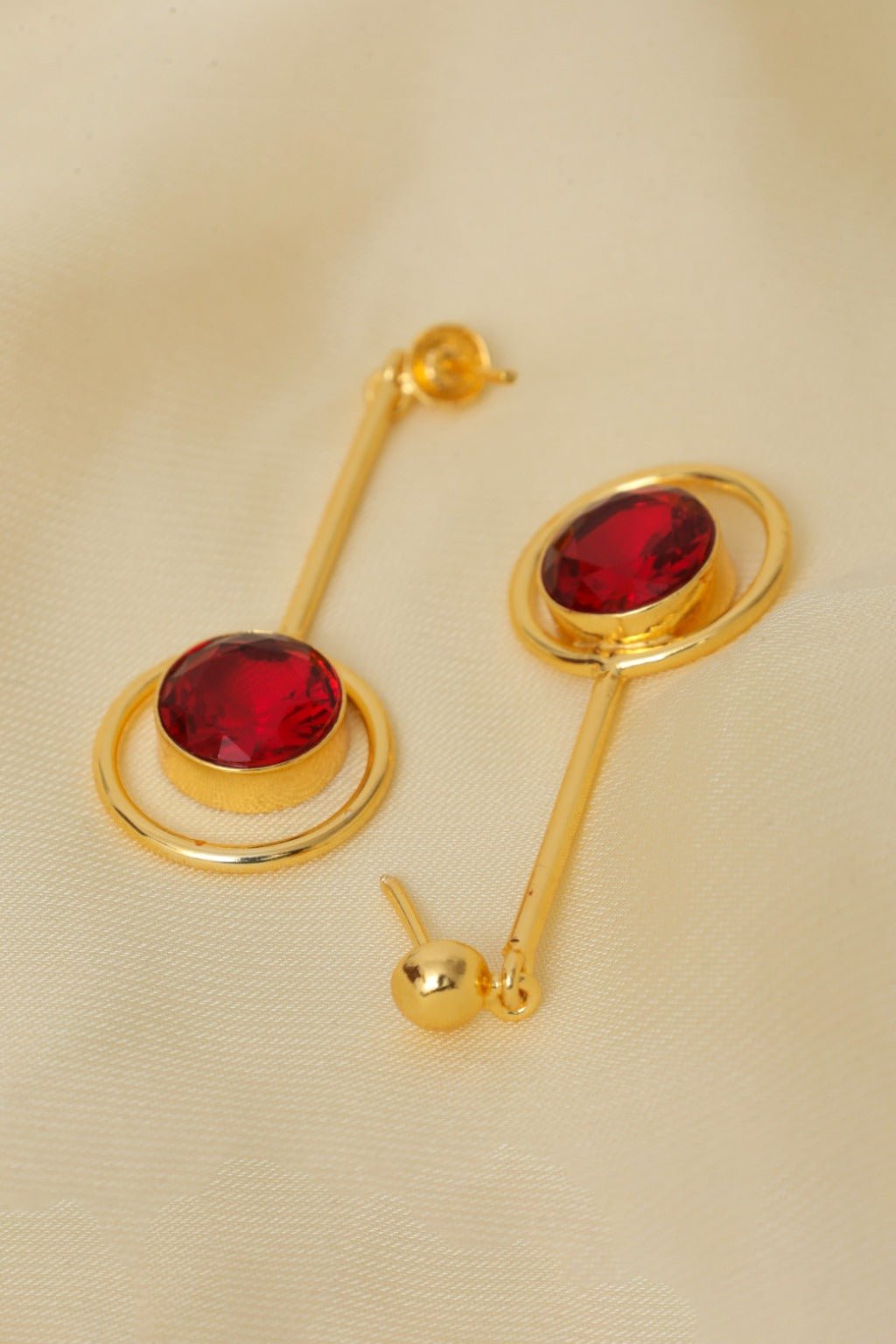 Gold - Plated Red Gem Drop Earrings - Zehnaz.ae