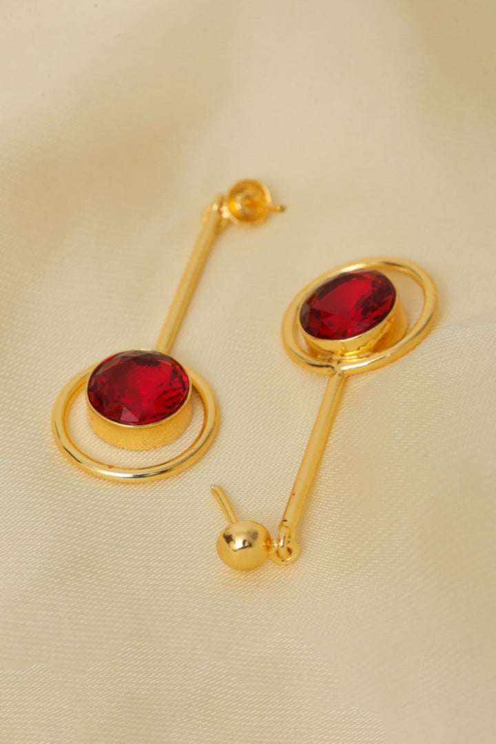 Gold - Plated Red Gem Drop Earrings - Zehnaz.ae