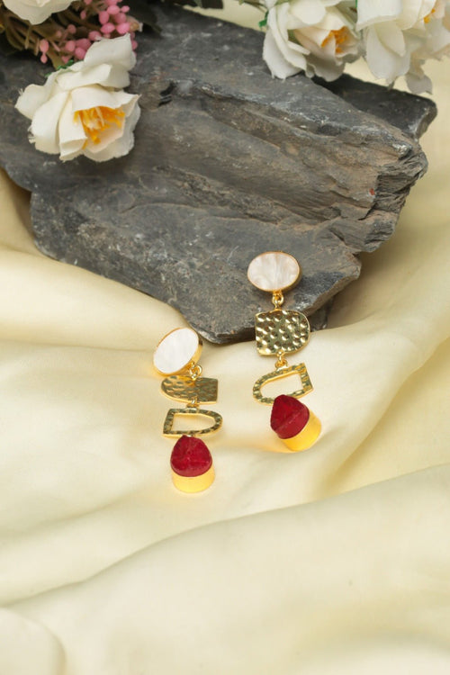 Gold-Plated Red & White Geometric Drop Earrings