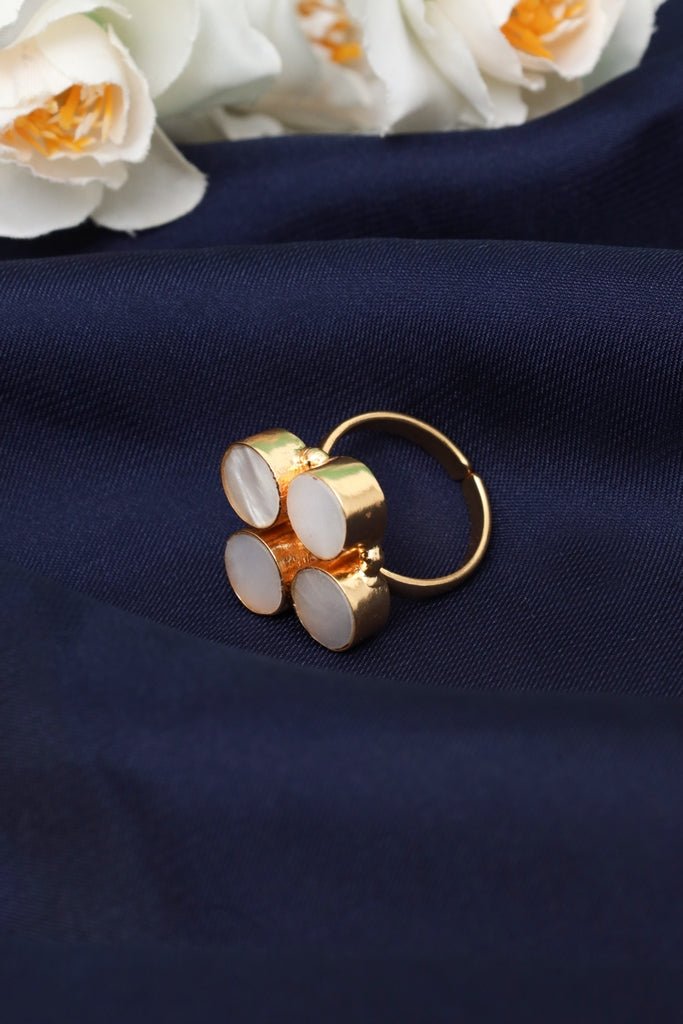 Gold Plated Ring with White Oval Inlays - Zehnaz.ae