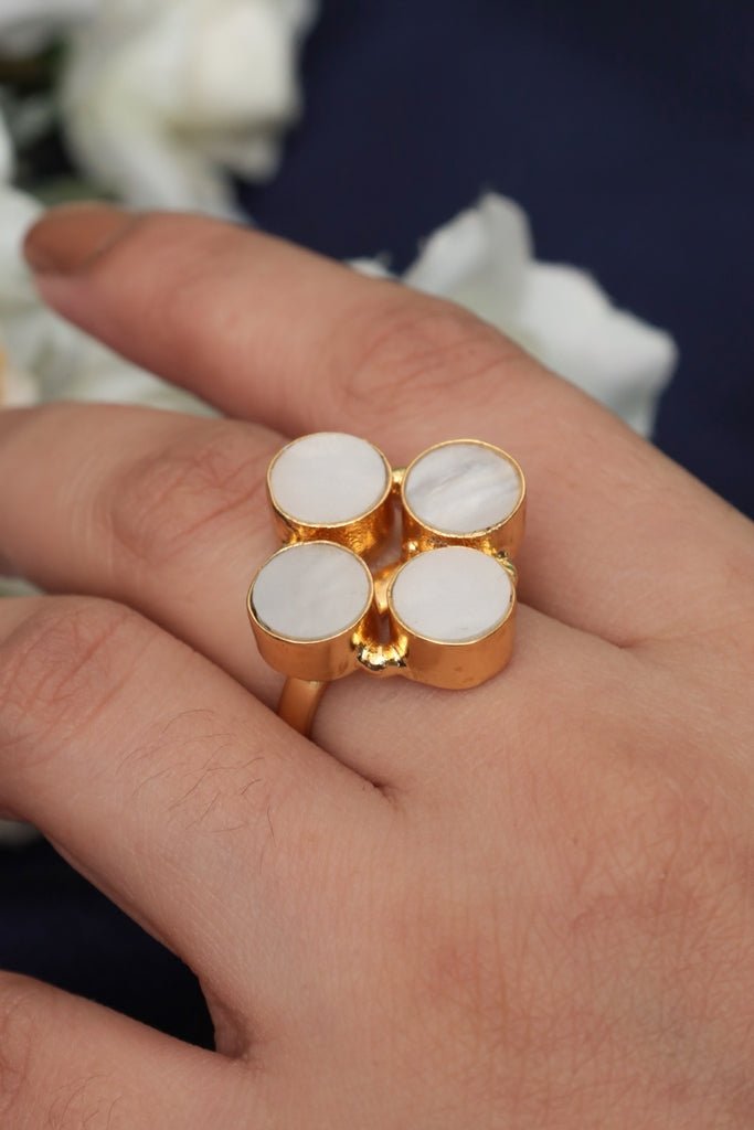 Gold Plated Ring with White Oval Inlays - Zehnaz.ae