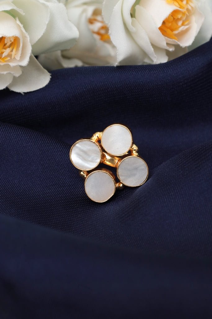 Gold Plated Ring with White Oval Inlays - Zehnaz.ae
