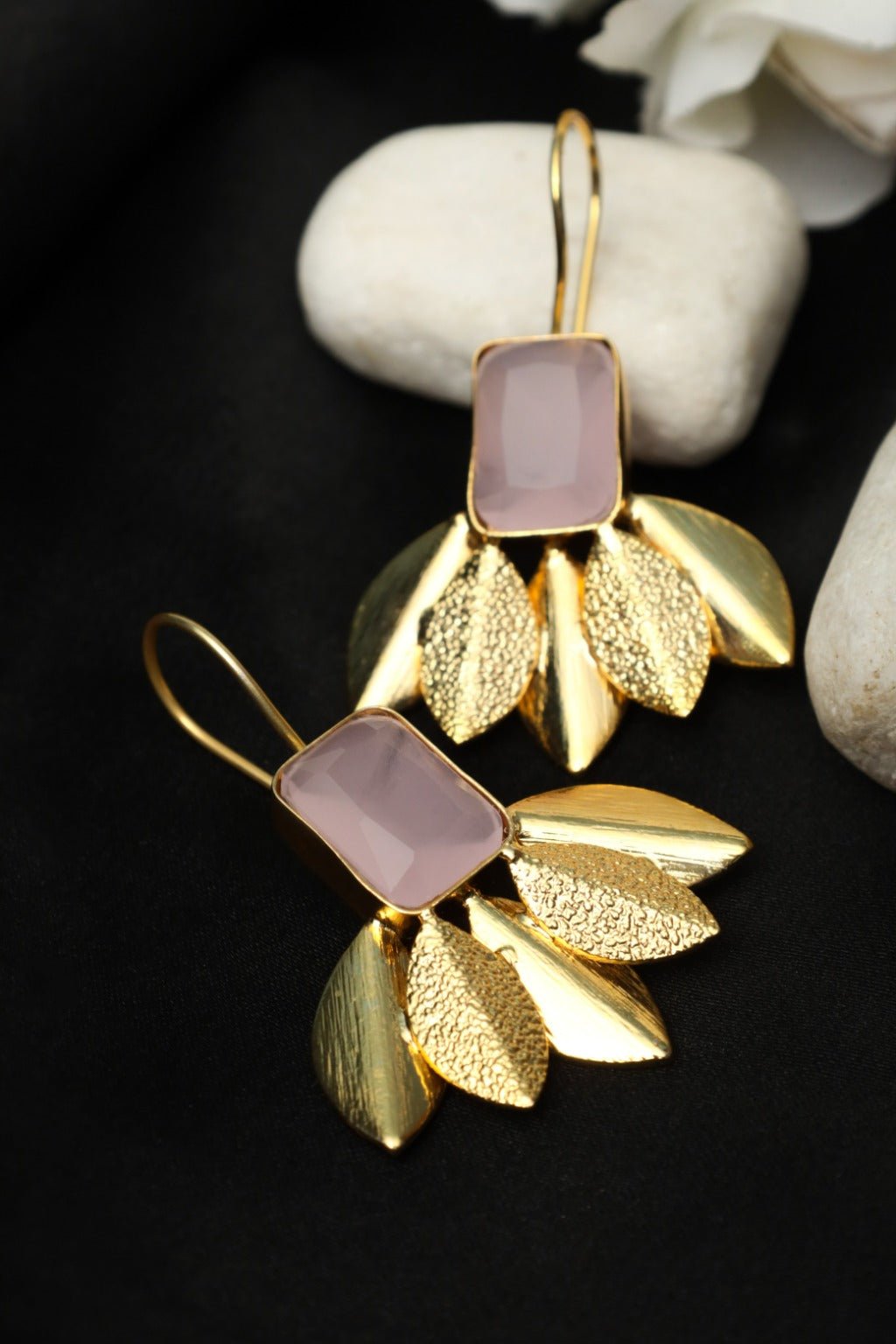 Gold - Plated Rose Quartz Leaf Stud Earrings - Zehnaz.ae