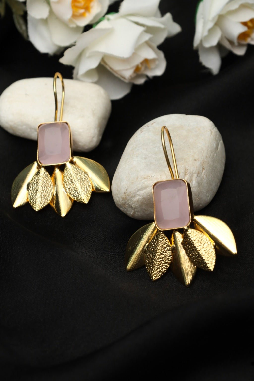 Gold - Plated Rose Quartz Leaf Stud Earrings - Zehnaz.ae