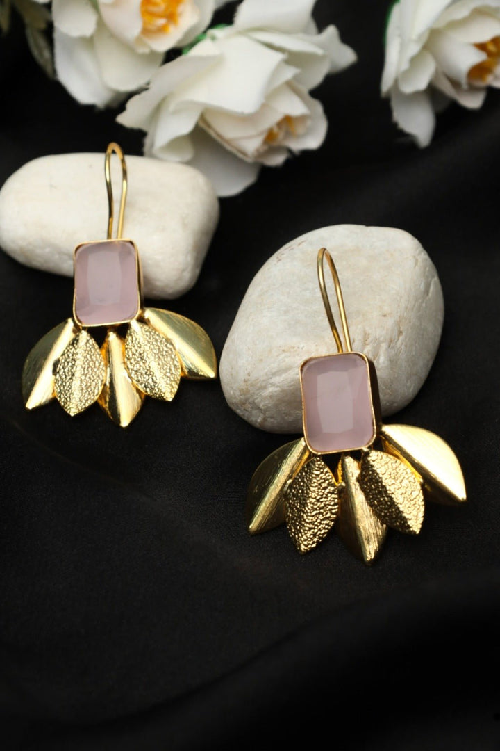 Gold - Plated Rose Quartz Leaf Stud Earrings - Zehnaz.ae