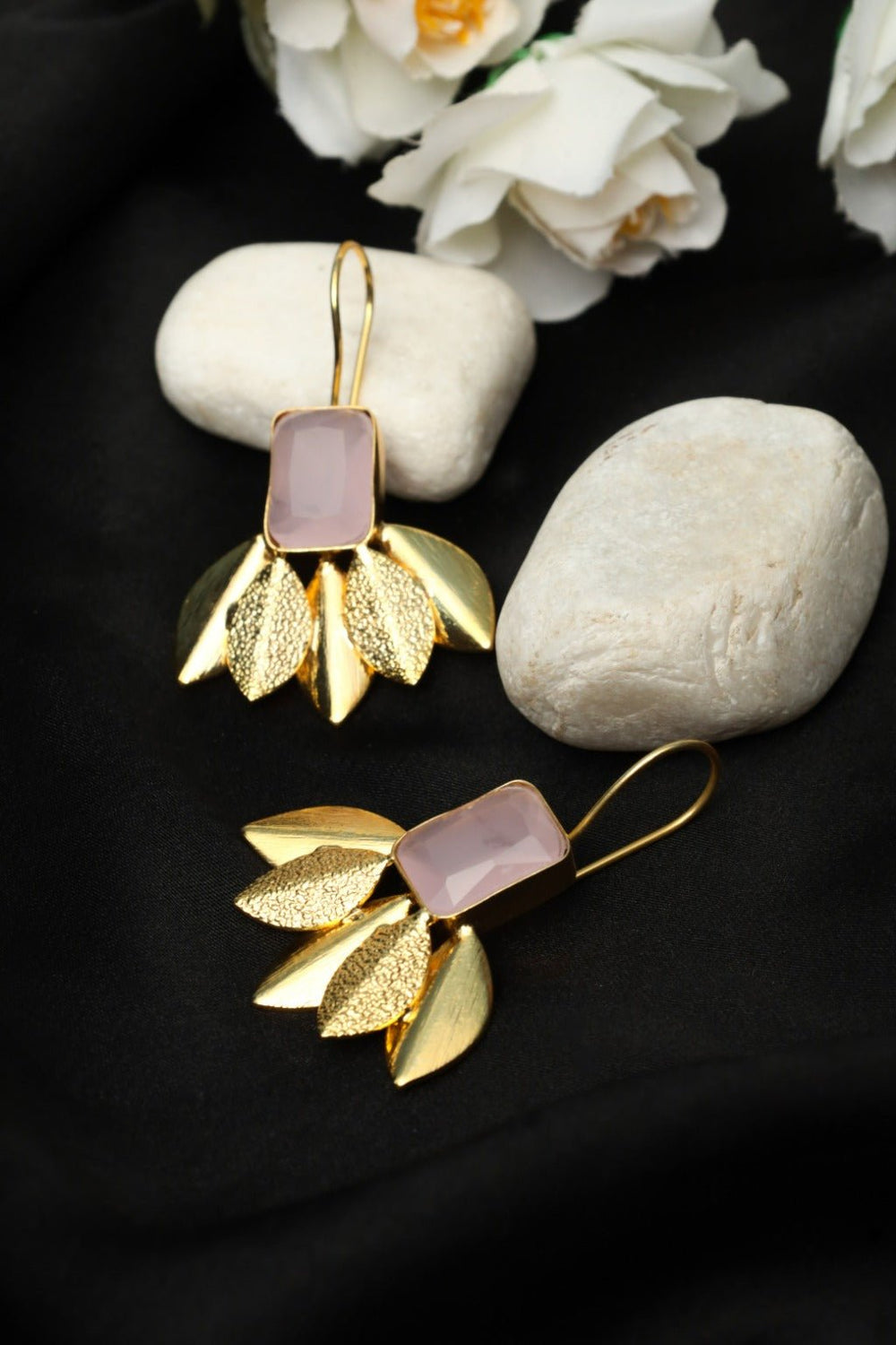 Gold - Plated Rose Quartz Leaf Stud Earrings - Zehnaz.ae