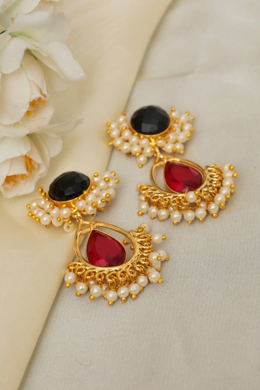 Gold - Plated Royal Ruby Jhumka Earrings with Pearls - Zehnaz.ae