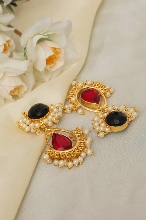 Gold-Plated Royal Ruby Jhumka Earrings with Pearls