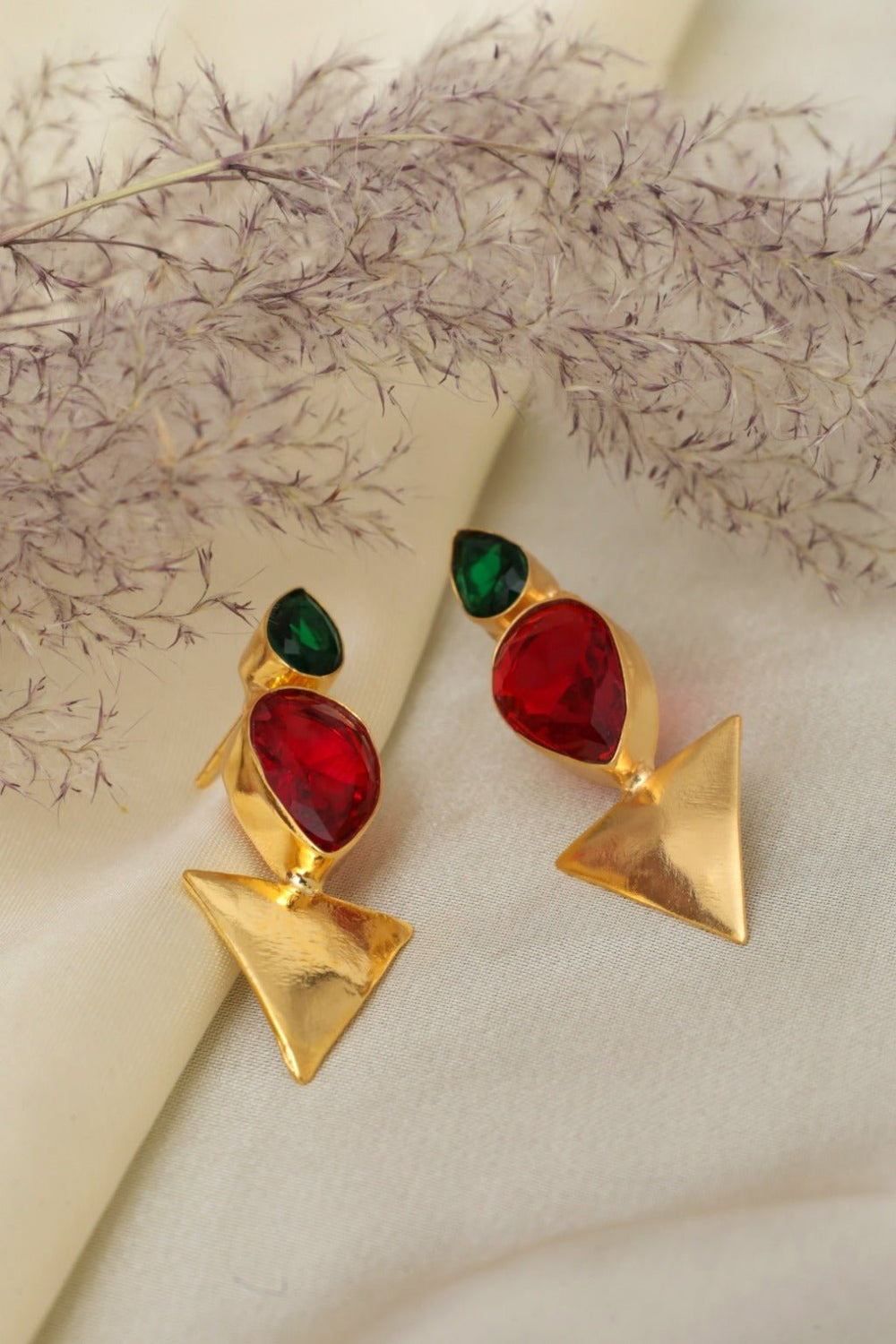 Gold - Plated Ruby Emerald Drop Earrings - Zehnaz.ae