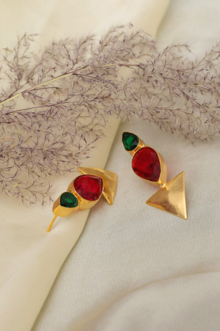 Gold - Plated Ruby Emerald Drop Earrings - Zehnaz.ae