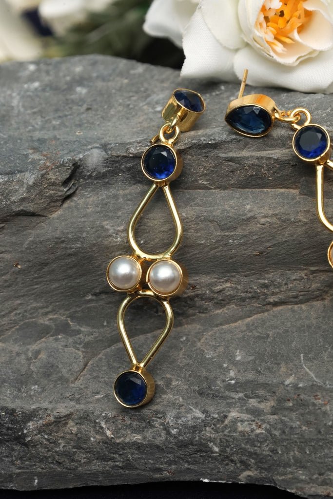Gold - Plated Sapphire Pearl Drop Earrings - Zehnaz.ae