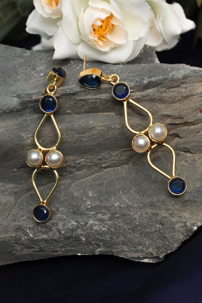 Gold - Plated Sapphire Pearl Drop Earrings - Zehnaz.ae
