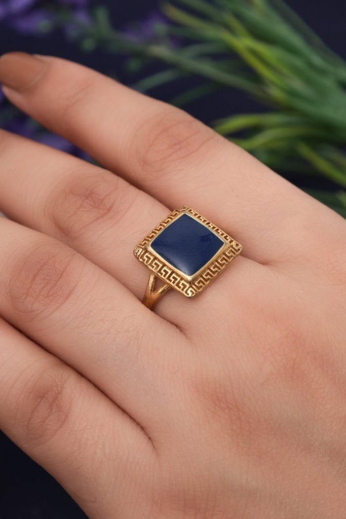 Gold Plated Signet Ring with Square Lapis Lazuli and Greek Key Design - Zehnaz.ae