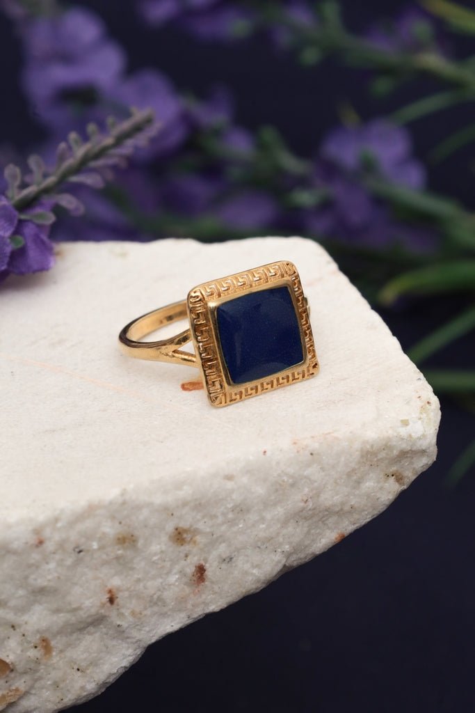 Gold Plated Signet Ring with Square Lapis Lazuli and Greek Key Design - Zehnaz.ae