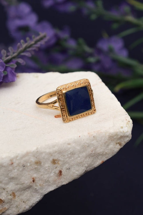 Gold Plated Signet Ring with Square Lapis Lazuli and Greek Key Design