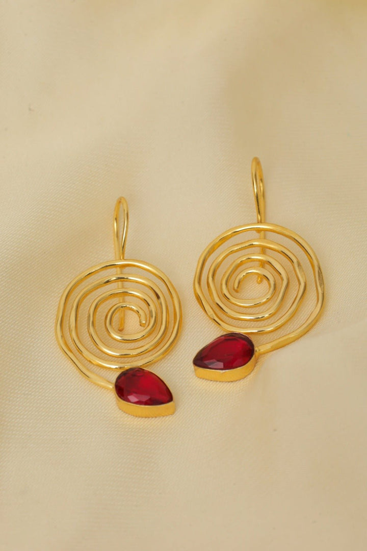 Gold - Plated Spiral Red Drop Earrings - Zehnaz.ae