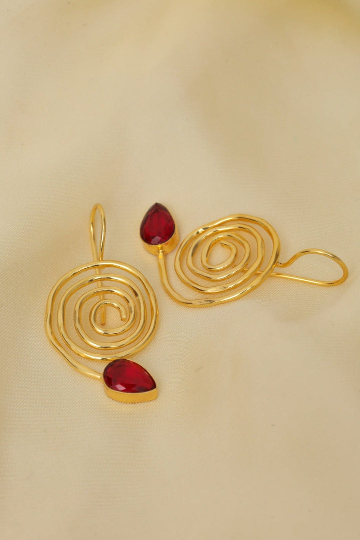 Gold - Plated Spiral Red Drop Earrings - Zehnaz.ae