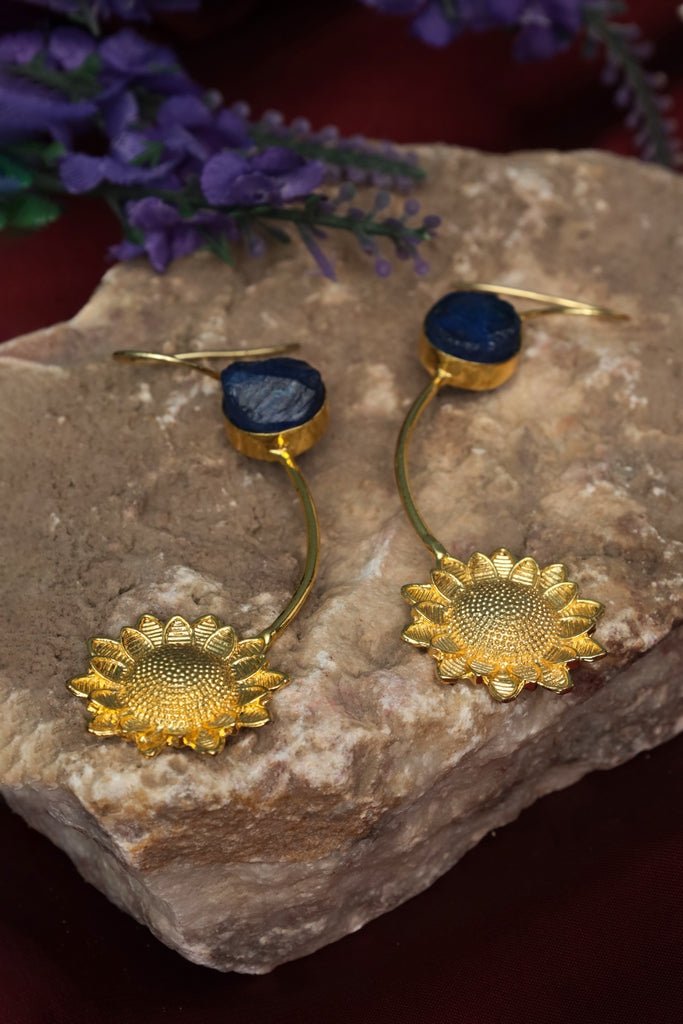 Gold - Plated Sunflower Drop Earrings - Zehnaz.ae