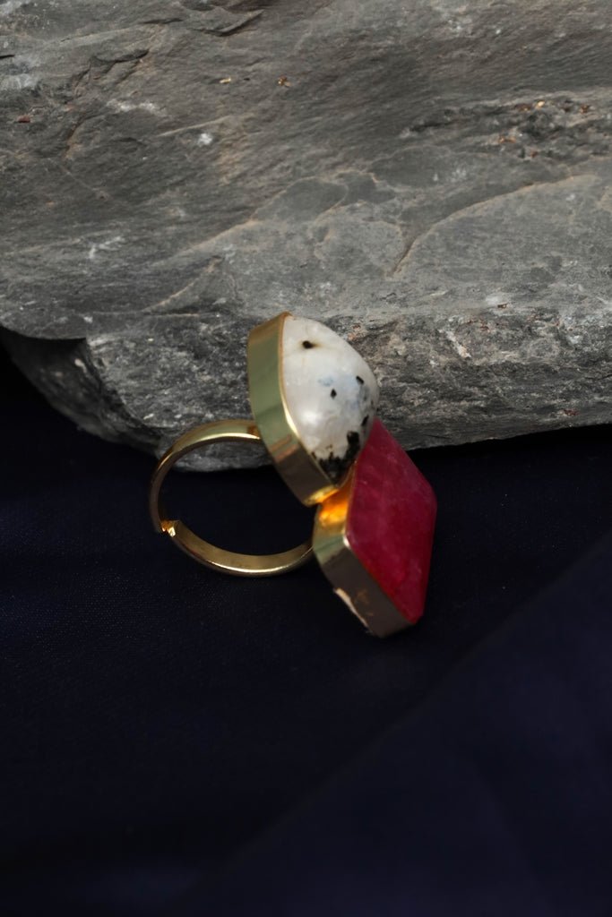 Gold Plated “Toi et Moi” Ring with Ruby and Moonstone - Zehnaz.ae