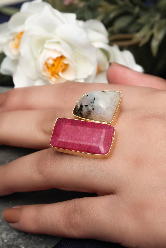 Gold Plated “Toi et Moi” Ring with Ruby and Moonstone - Zehnaz.ae