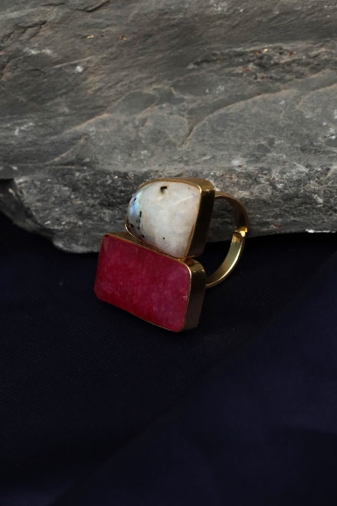 Gold Plated “Toi et Moi” Ring with Ruby and Moonstone - Zehnaz.ae
