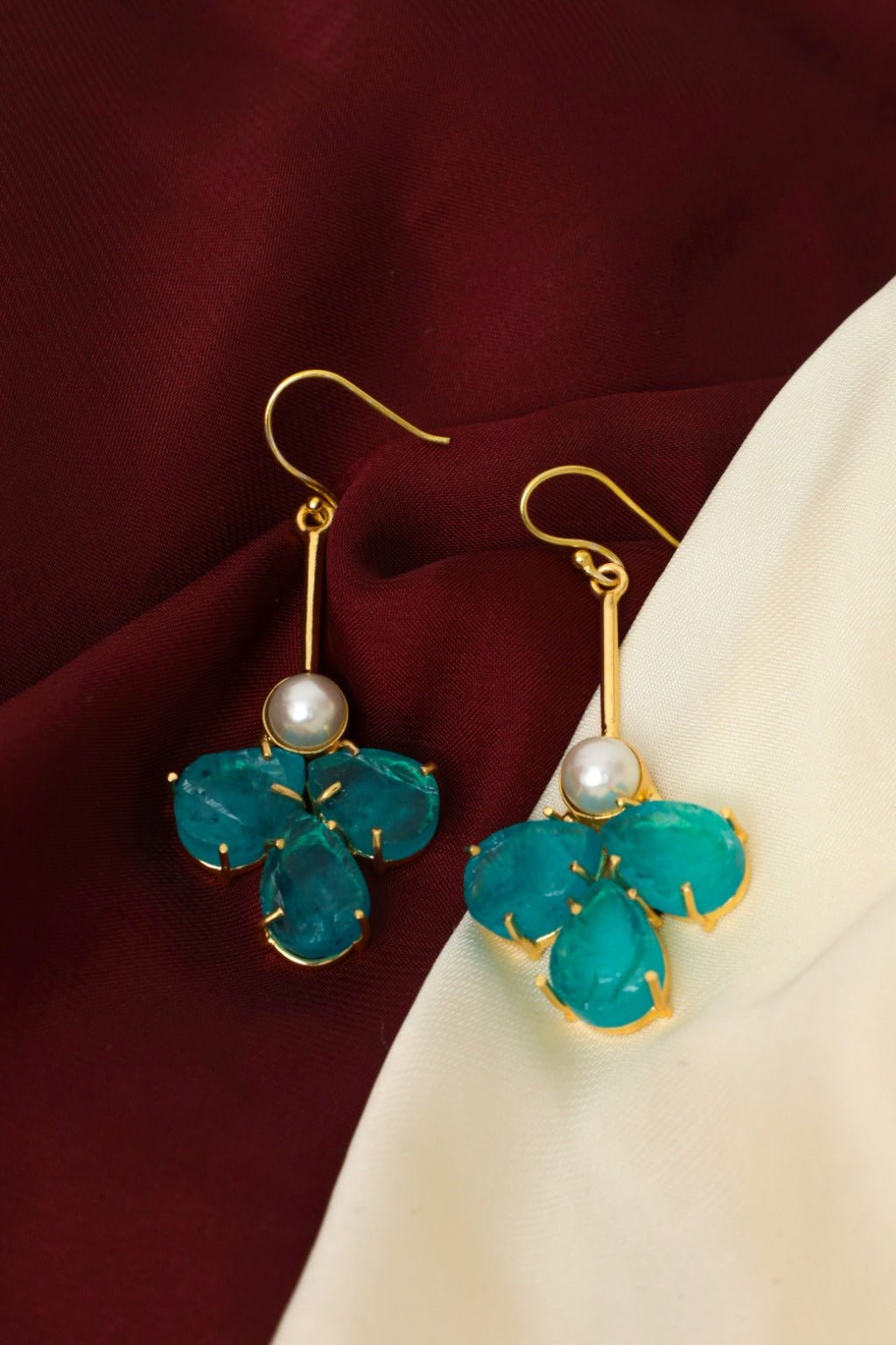 Gold - Plated Turquoise Pearl Drop Earrings - Zehnaz.ae