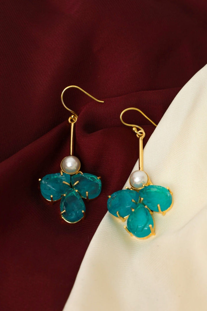 Gold - Plated Turquoise Pearl Drop Earrings - Zehnaz.ae