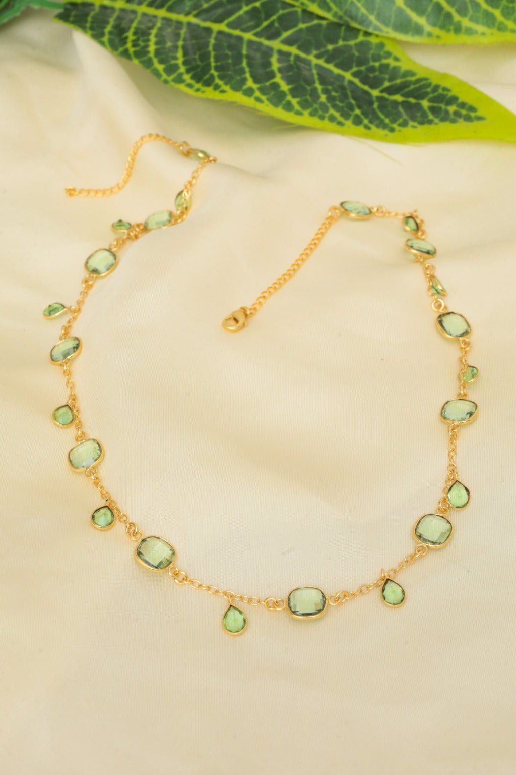 Gold - Plated Verdant Grace Necklace with Green Crystals - Zehnaz.ae