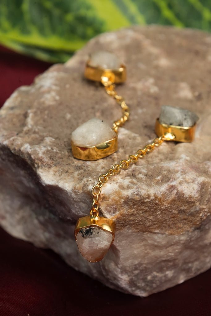 Gold Plated White Quartz Drop Earrings - Zehnaz.ae