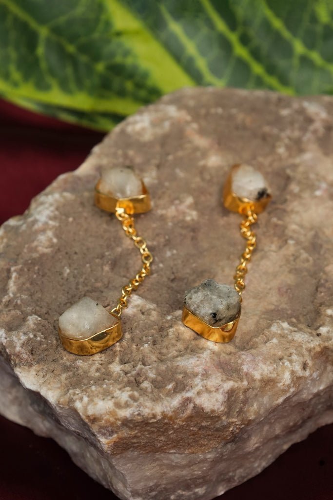 Gold Plated White Quartz Drop Earrings - Zehnaz.ae