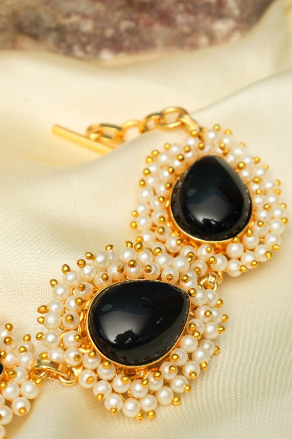 Gold - Tone Black Stone & Pearl Cluster Bracelet – Ethnic Statement Jewelry - Zehnaz.ae