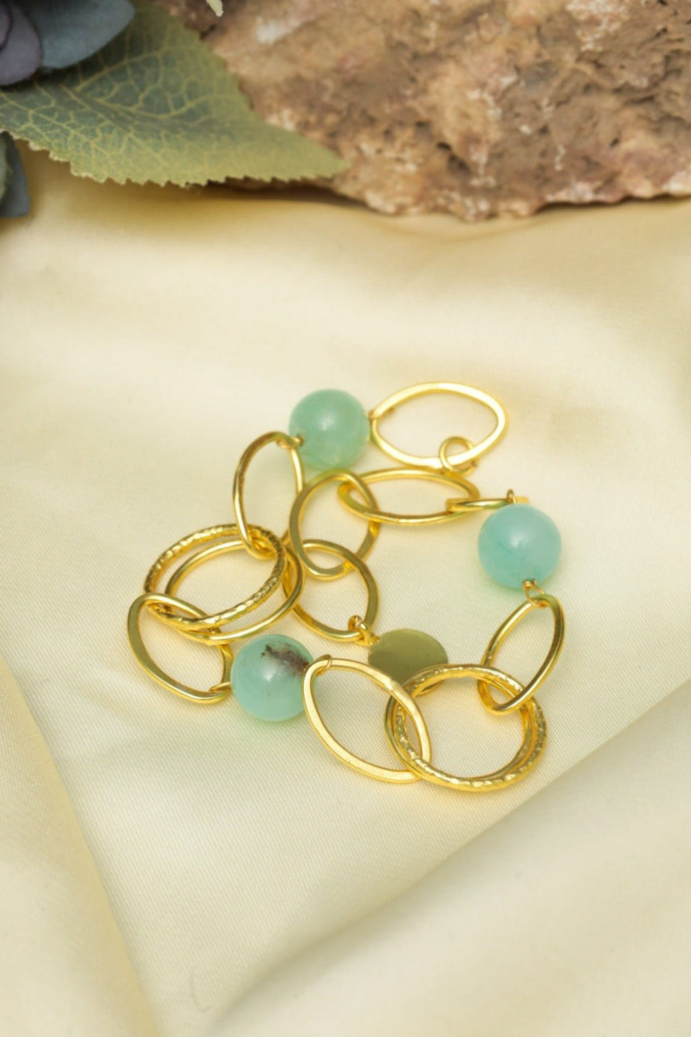 Gold - Tone Chunky Oval Link Bracelet with Green Gemstone Beads - Zehnaz.ae
