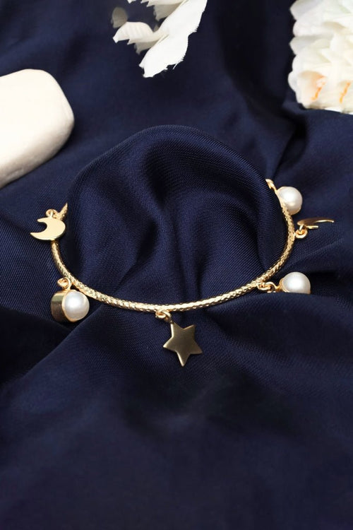 Gold Tone Crescent Moon and Pearl Open Cuff Bracelet