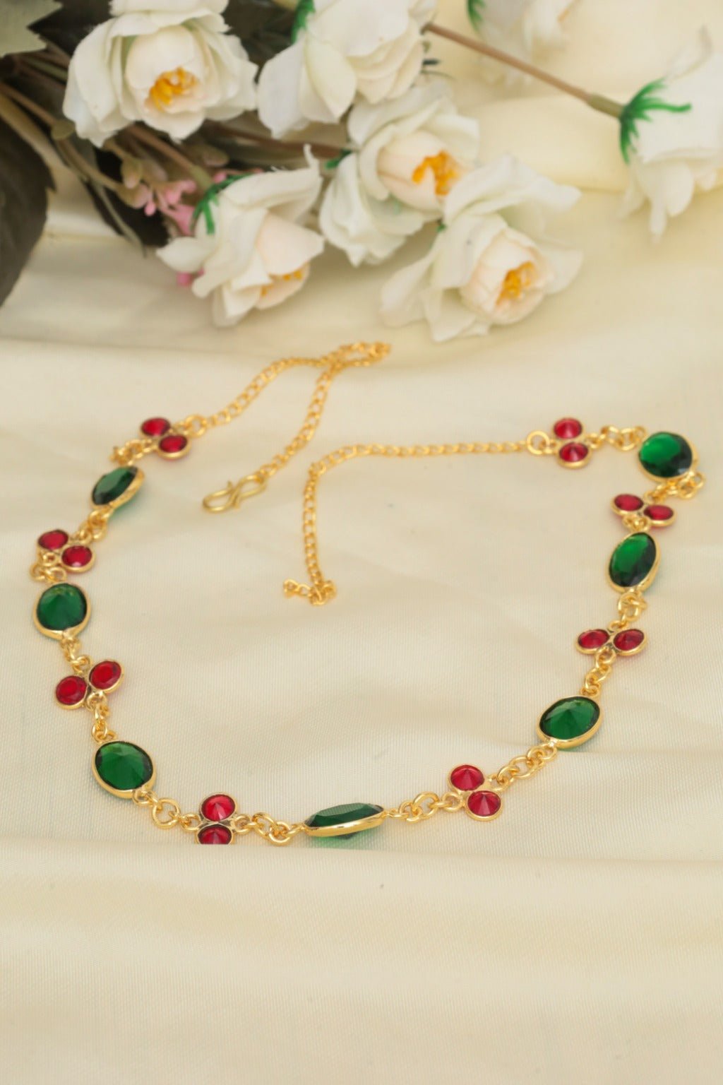 Gold - Tone Festive Gem Necklace – Red & Green Statement Jewelry - Zehnaz.ae