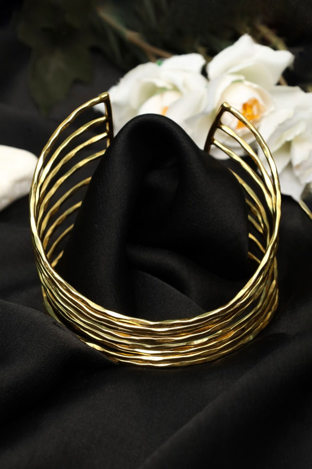 Gold Tone Geometric Cage Wide Cuff Bracelet - Zehnaz.ae