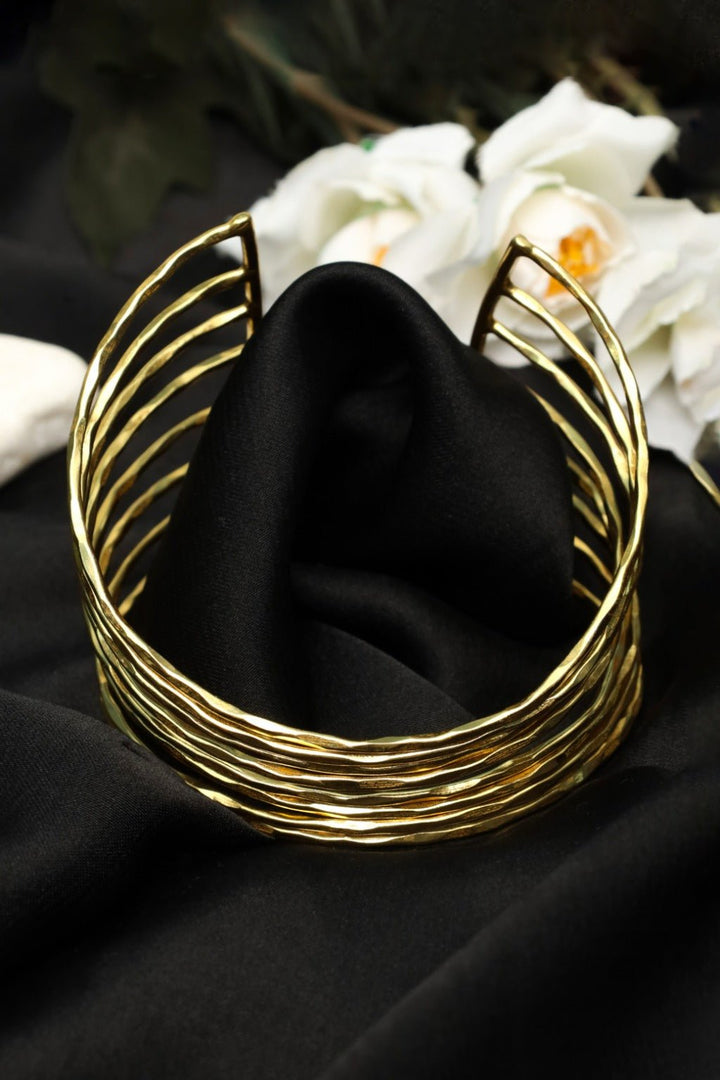 Gold Tone Geometric Cage Wide Cuff Bracelet - Zehnaz.ae
