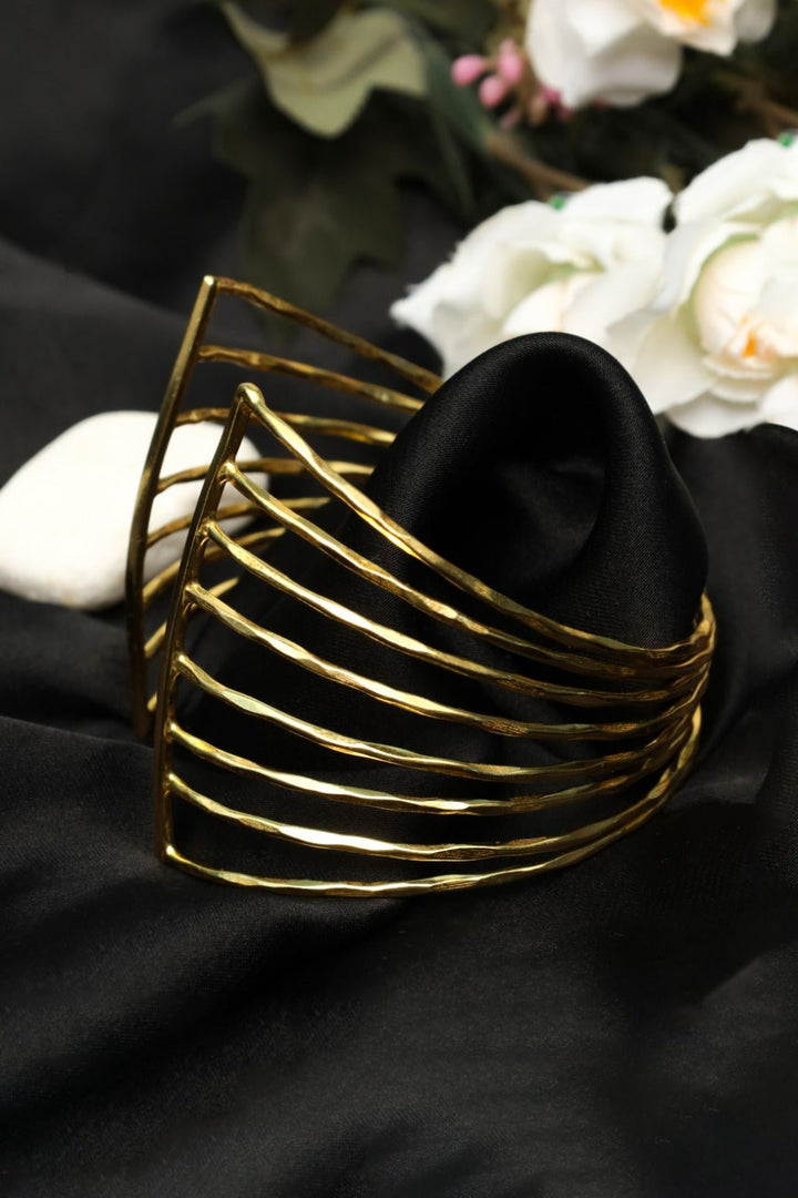 Gold Tone Geometric Cage Wide Cuff Bracelet - Zehnaz.ae