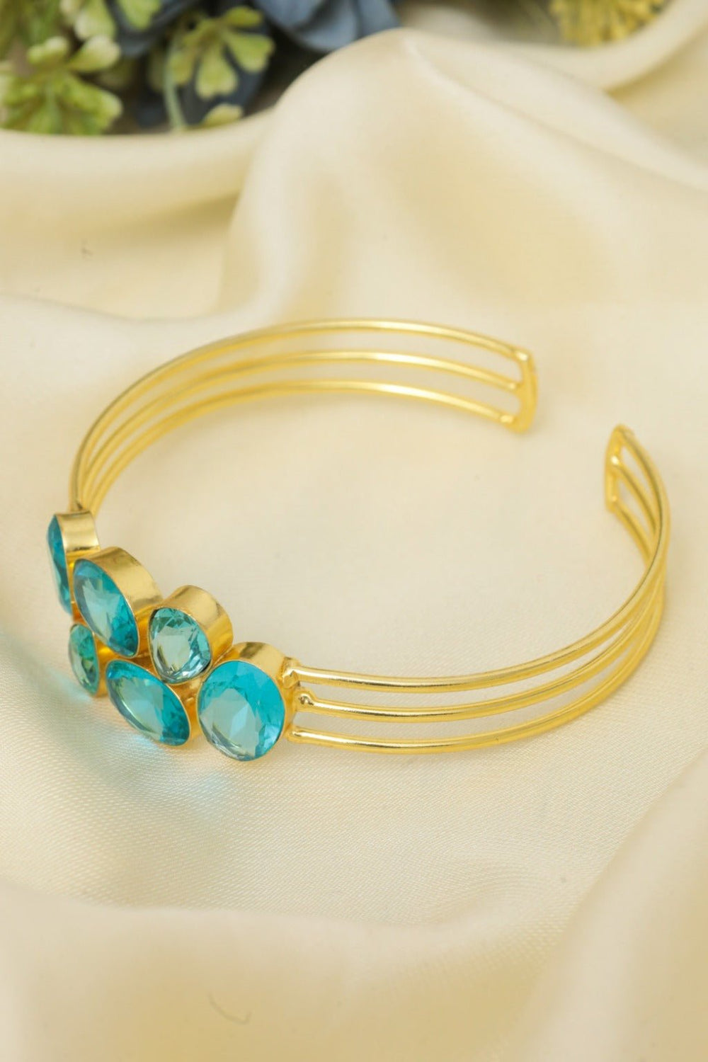 Gold - Tone Multi - Band Cuff Bracelet with Blue Gemstones - Zehnaz.ae