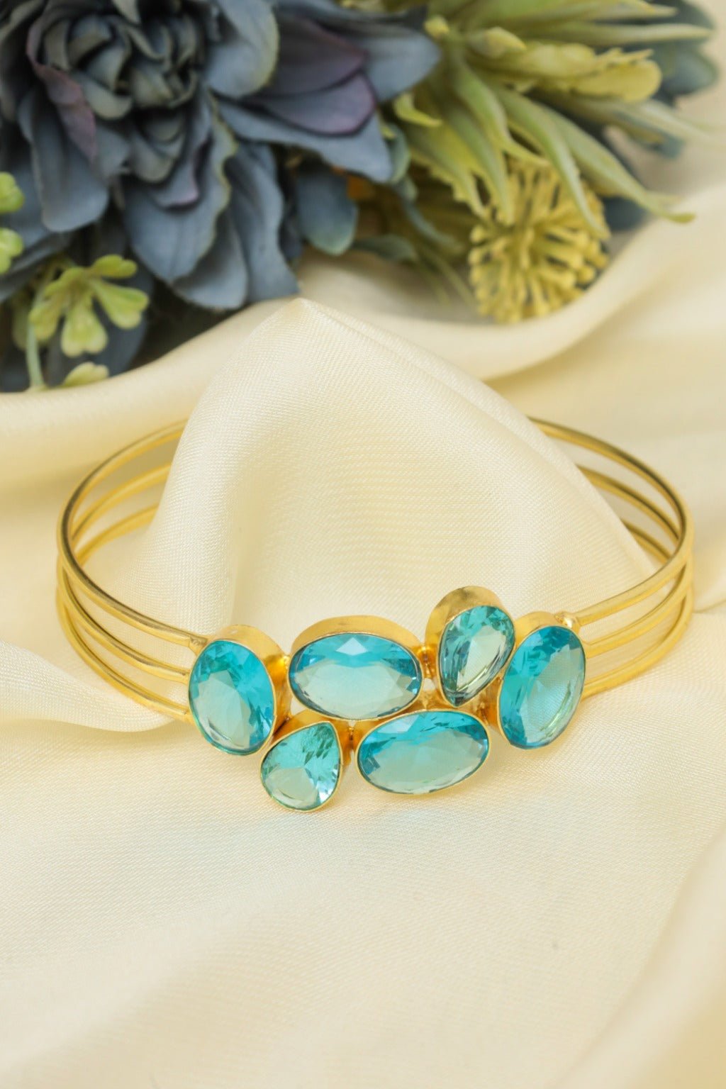 Gold - Tone Multi - Band Cuff Bracelet with Blue Gemstones - Zehnaz.ae
