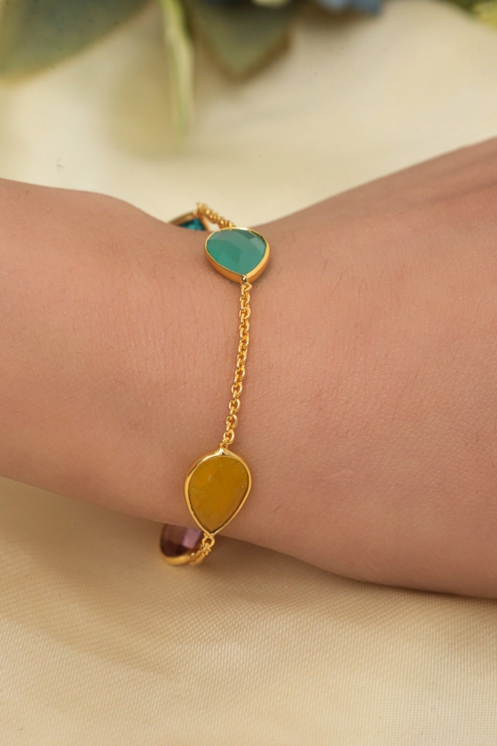 Gold - Tone Multi - Colored Teardrop Gemstone Chain Bracelet - Zehnaz.ae